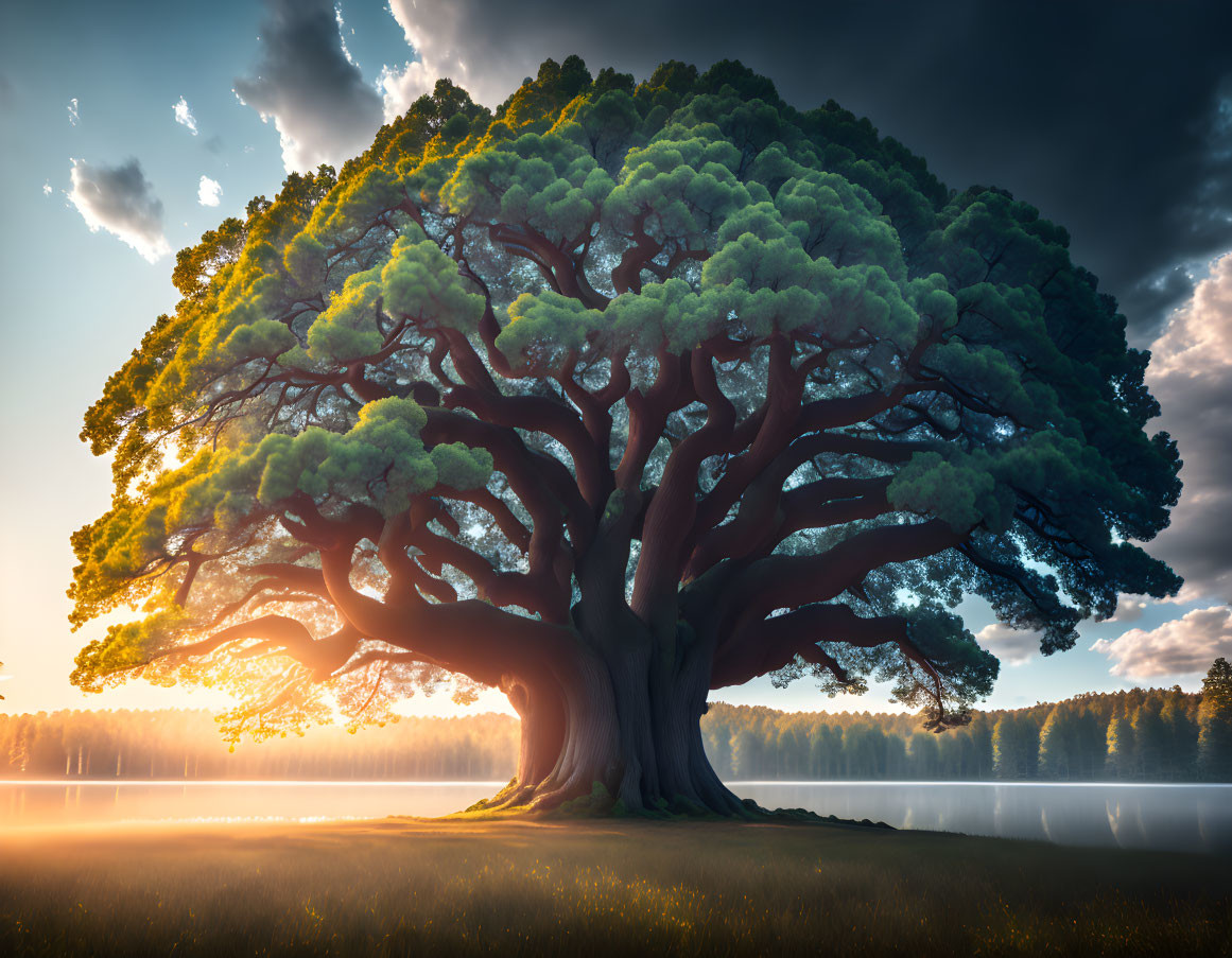 Majestic tree with lush canopy by misty lake at sunrise or sunset