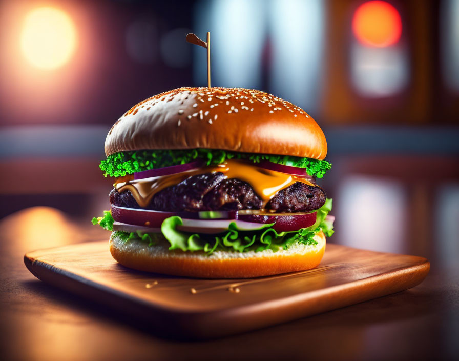 Classic Cheeseburger with Lettuce, Tomato, and Onion on Sesame Bun