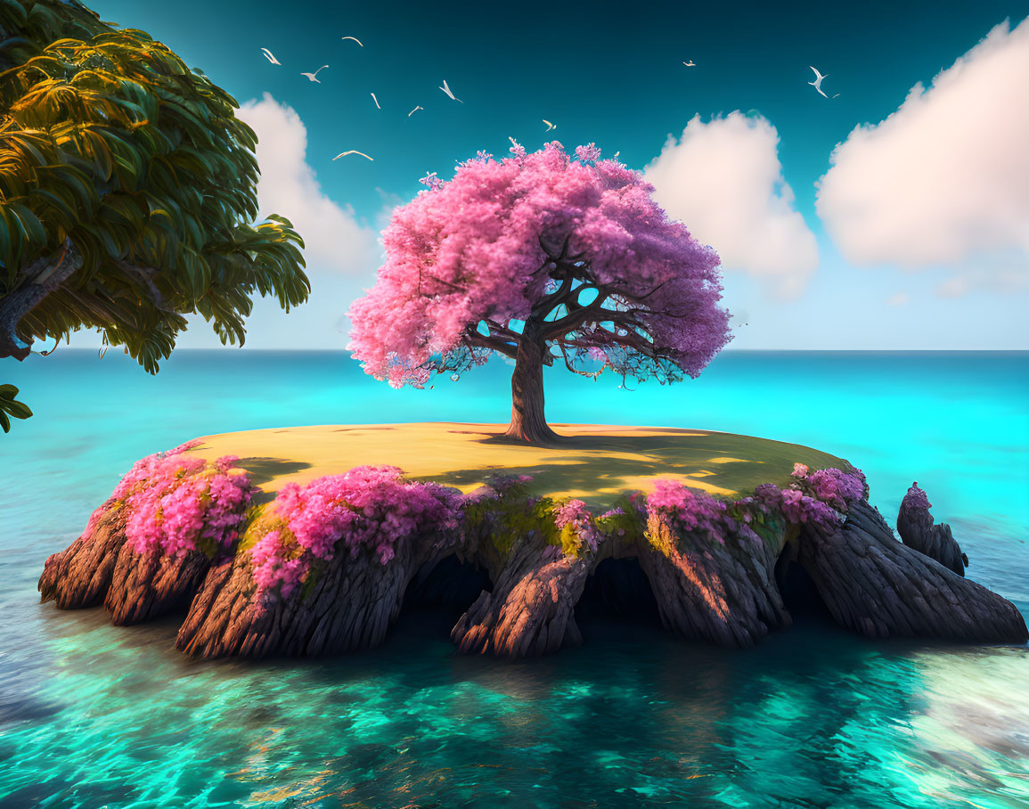 Idyllic island scene with cherry blossom tree, blue waters, and soaring birds