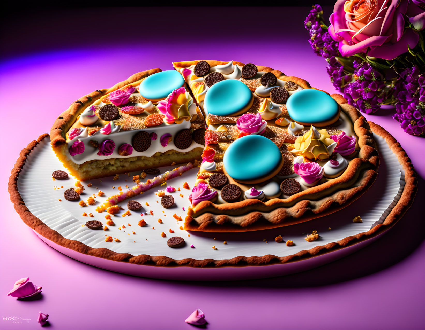 Vibrant heart-shaped dessert pizza with icing, candy, and fruit on a plate.