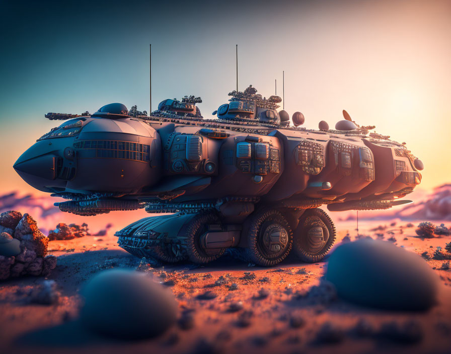 Armored vehicle with multiple turrets on desert terrain at sunrise or sunset