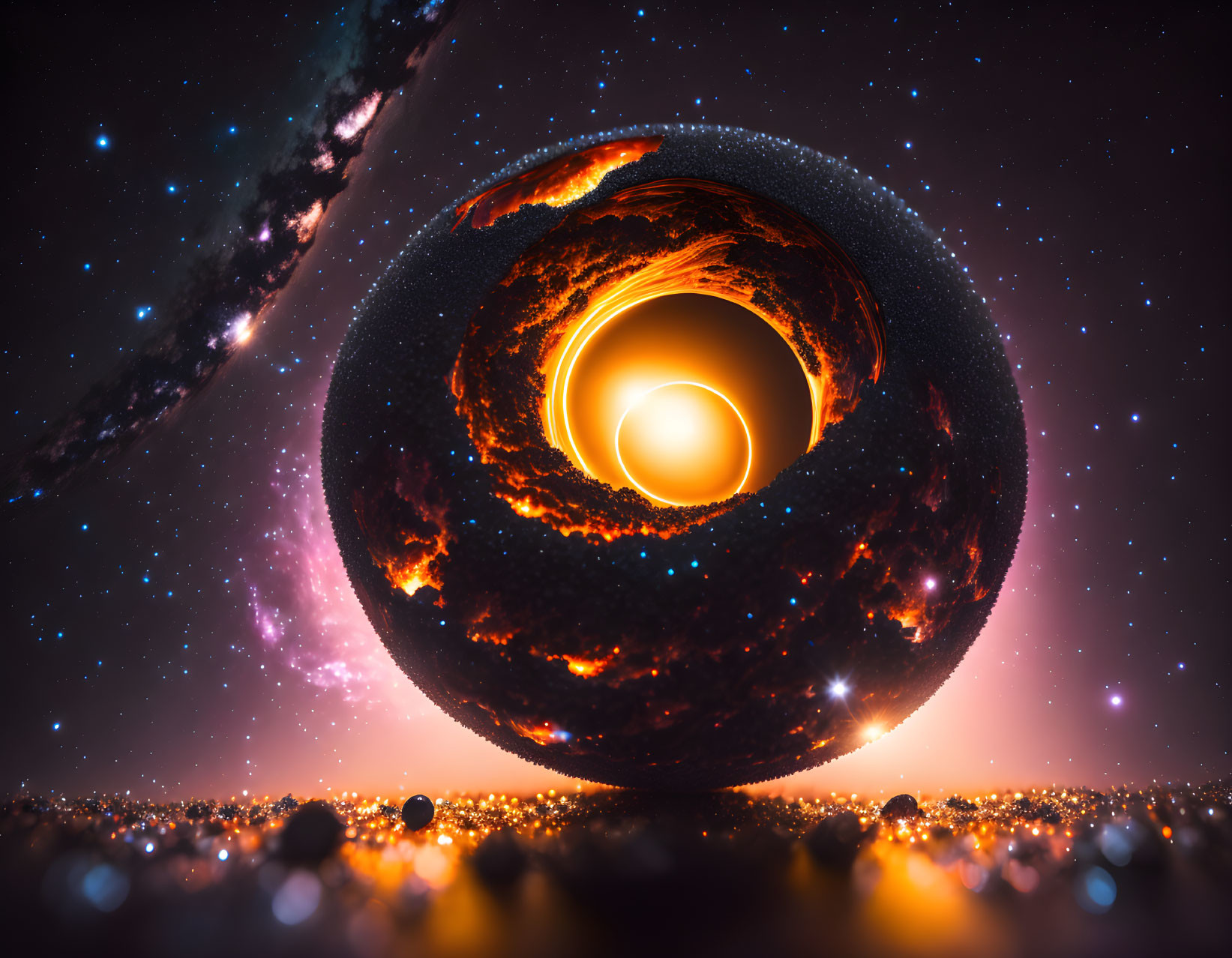 Surreal cosmic digital artwork with glowing sphere and celestial bodies