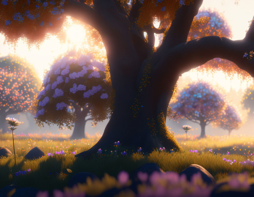 Tranquil meadow with blossoming trees at sunset