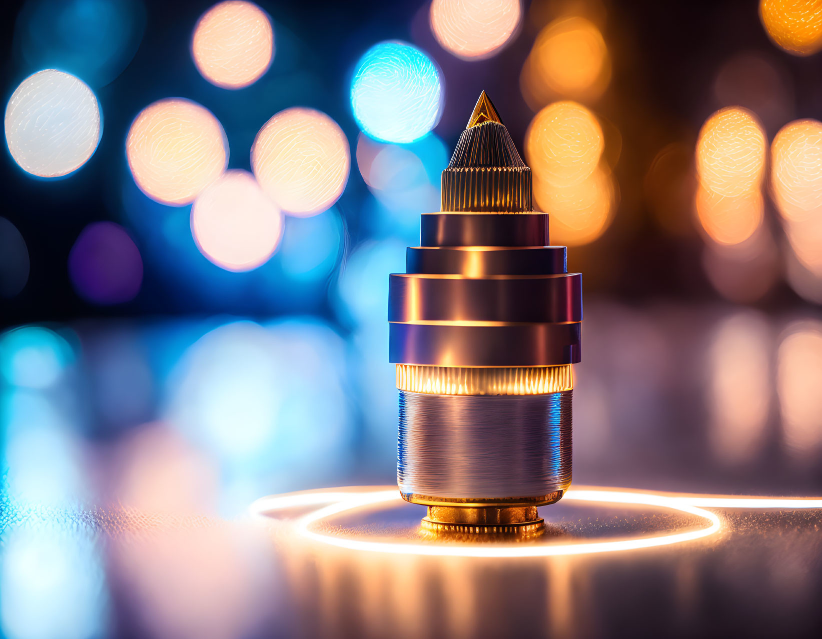 Metallic mechanical pencil tip close-up on reflective surface with warm bokeh lights.