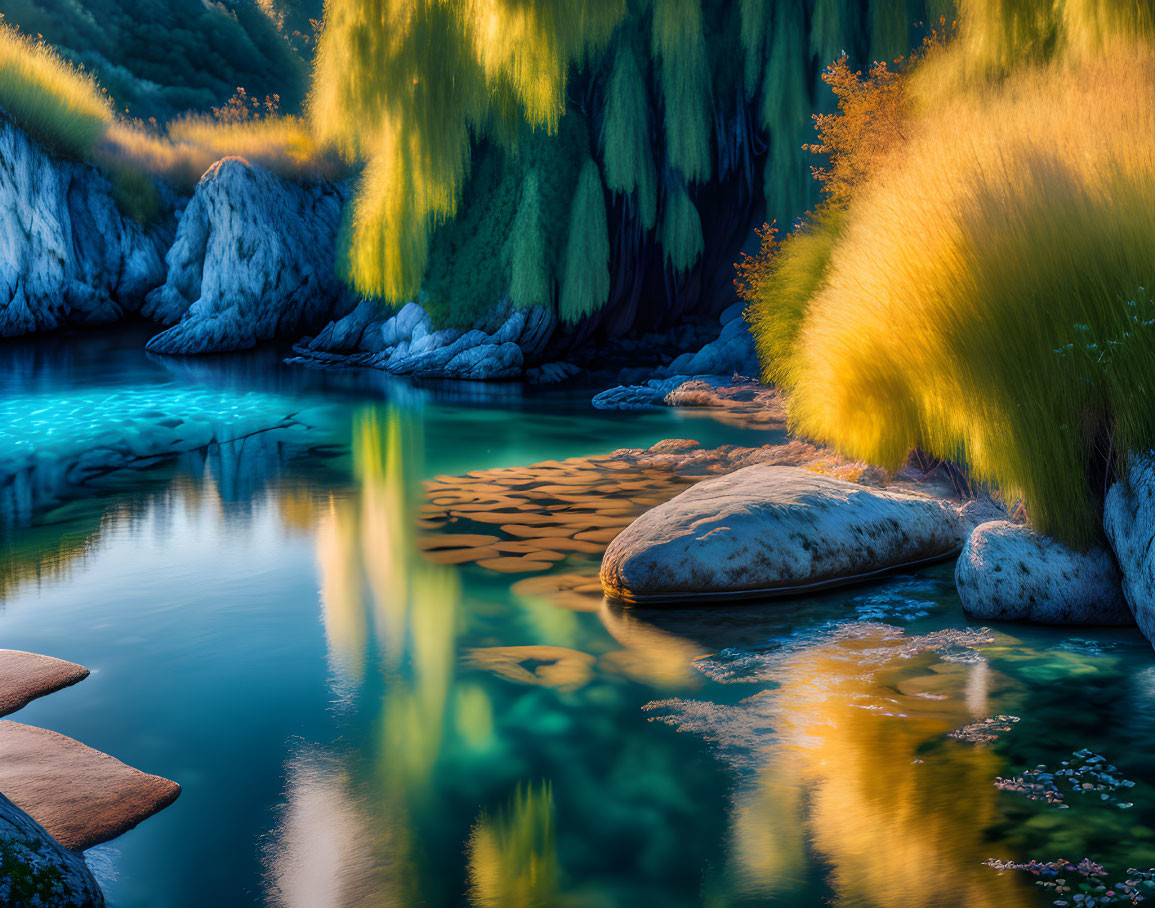 Tranquil River Scene with Willow Trees and Smooth Stones