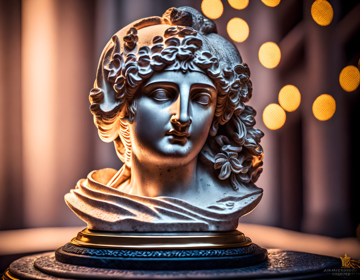 Classical bust sculpture with intricate hair detail on warm bokeh-lit background