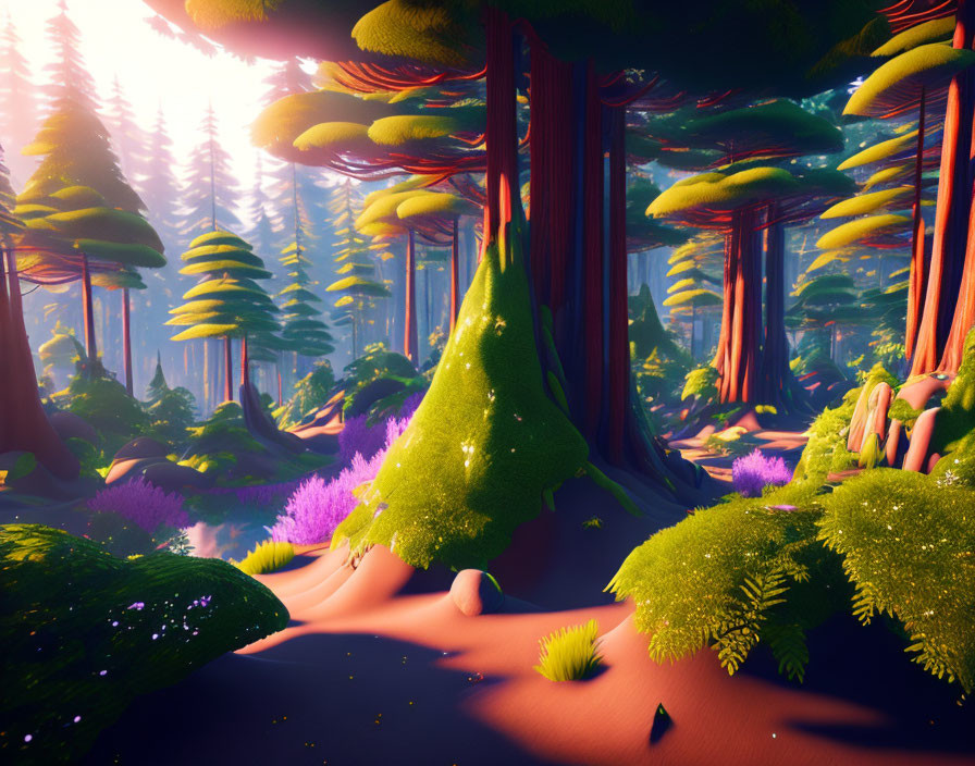 Enchanting forest with moss-covered trees and purple flora