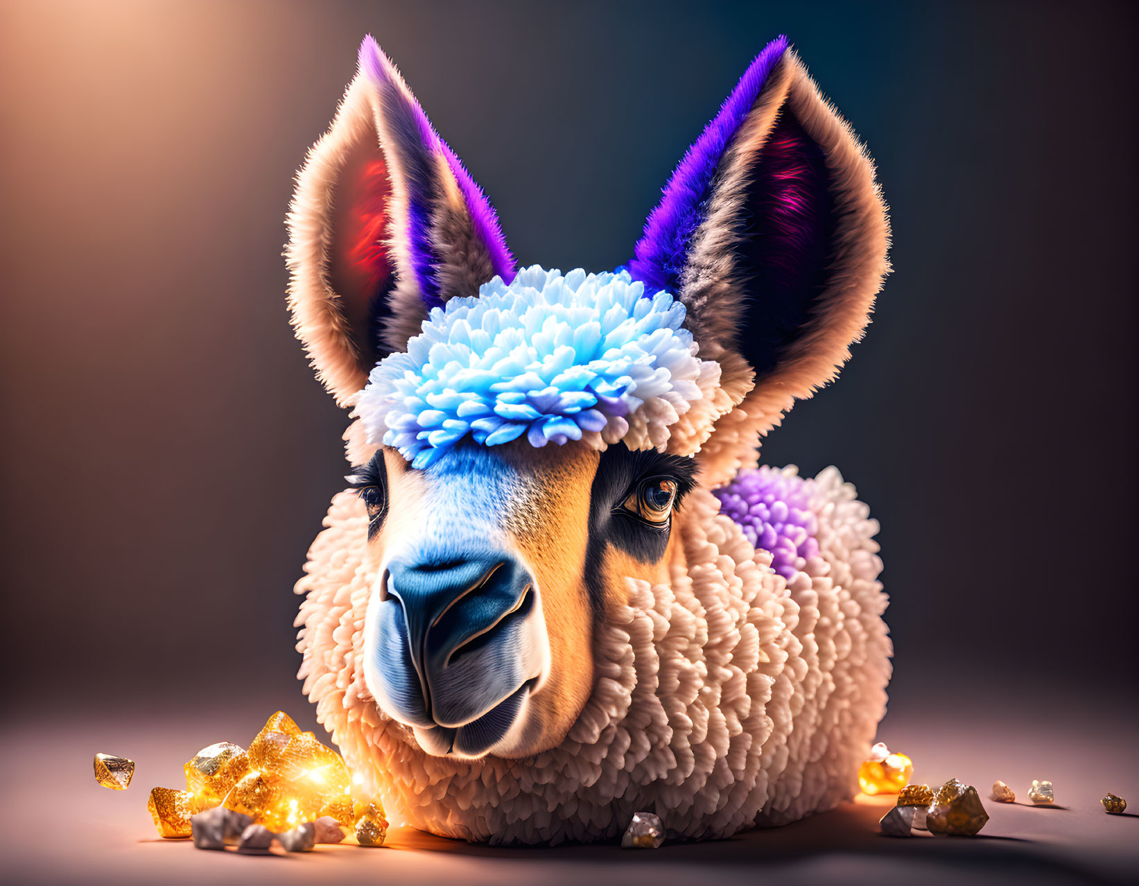 Stylized digital llama with colorful pompom ear covers on soft gradient background.