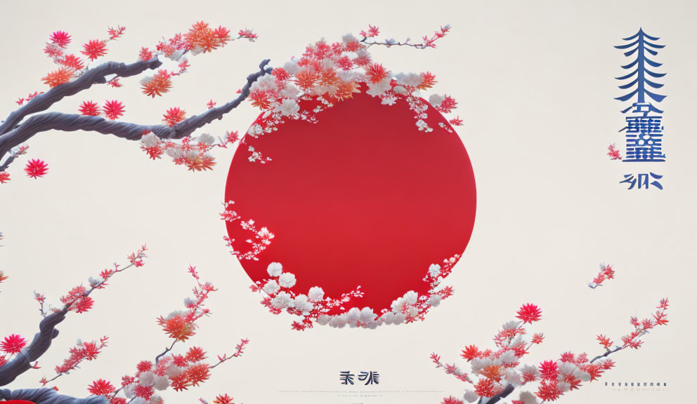 Cherry Blossom Artwork with Red Circle and Japanese Text