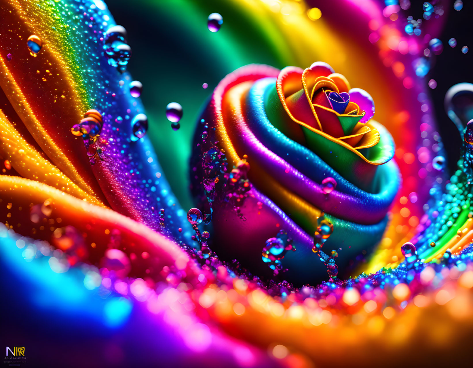 Colorful Macro Shot: Water Droplet Surface with Rainbow Gradient & Rose Swirl