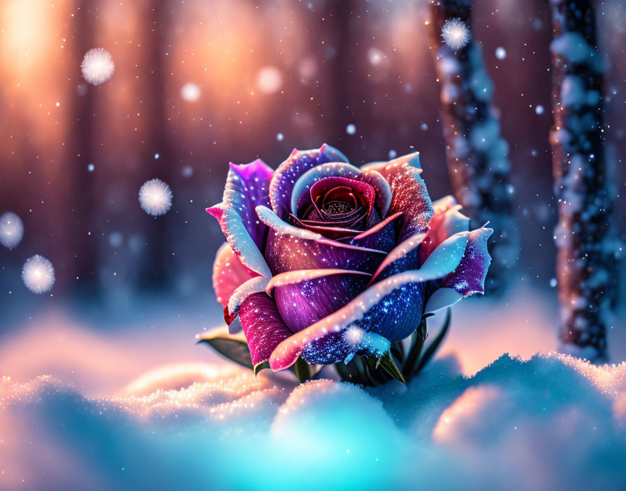 Purple Rose Covered in Frost and Snowflakes Against Winter Background