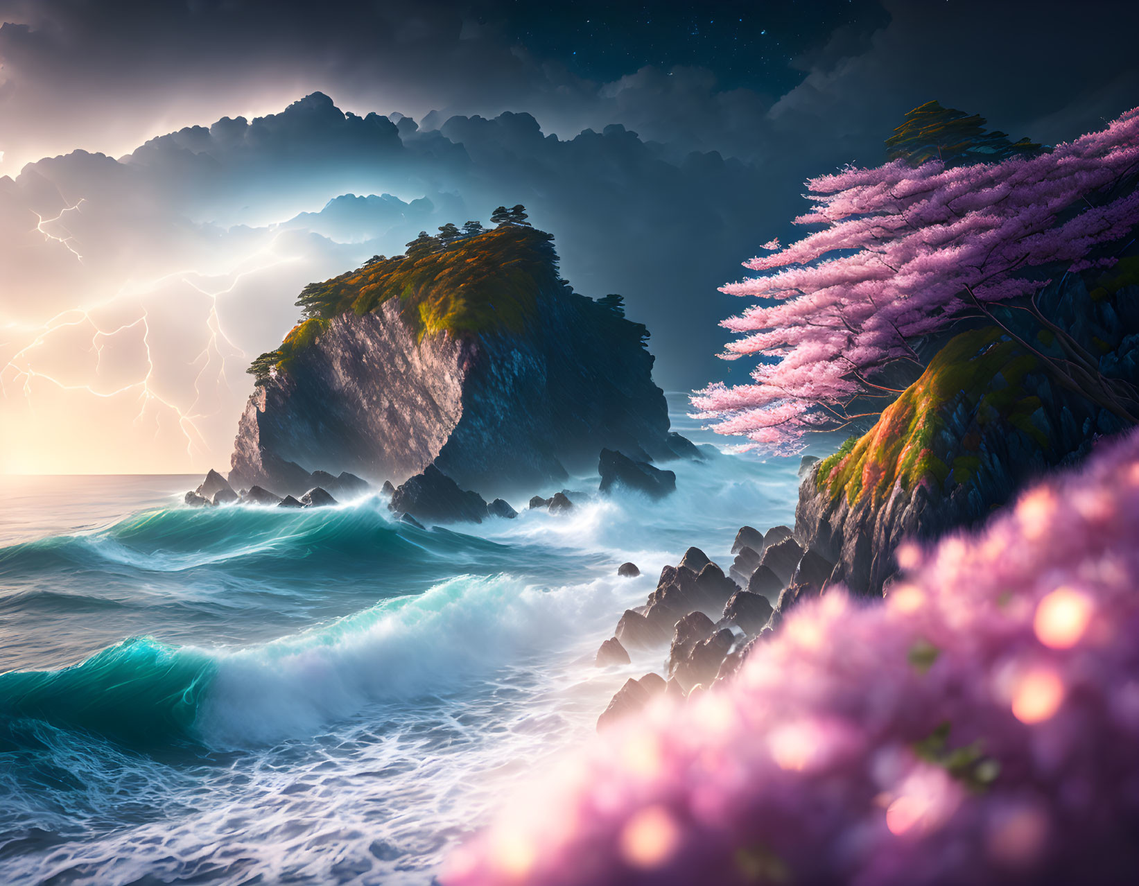 Stormy Seascape with Crashing Waves and Pink Cherry Blossom Trees