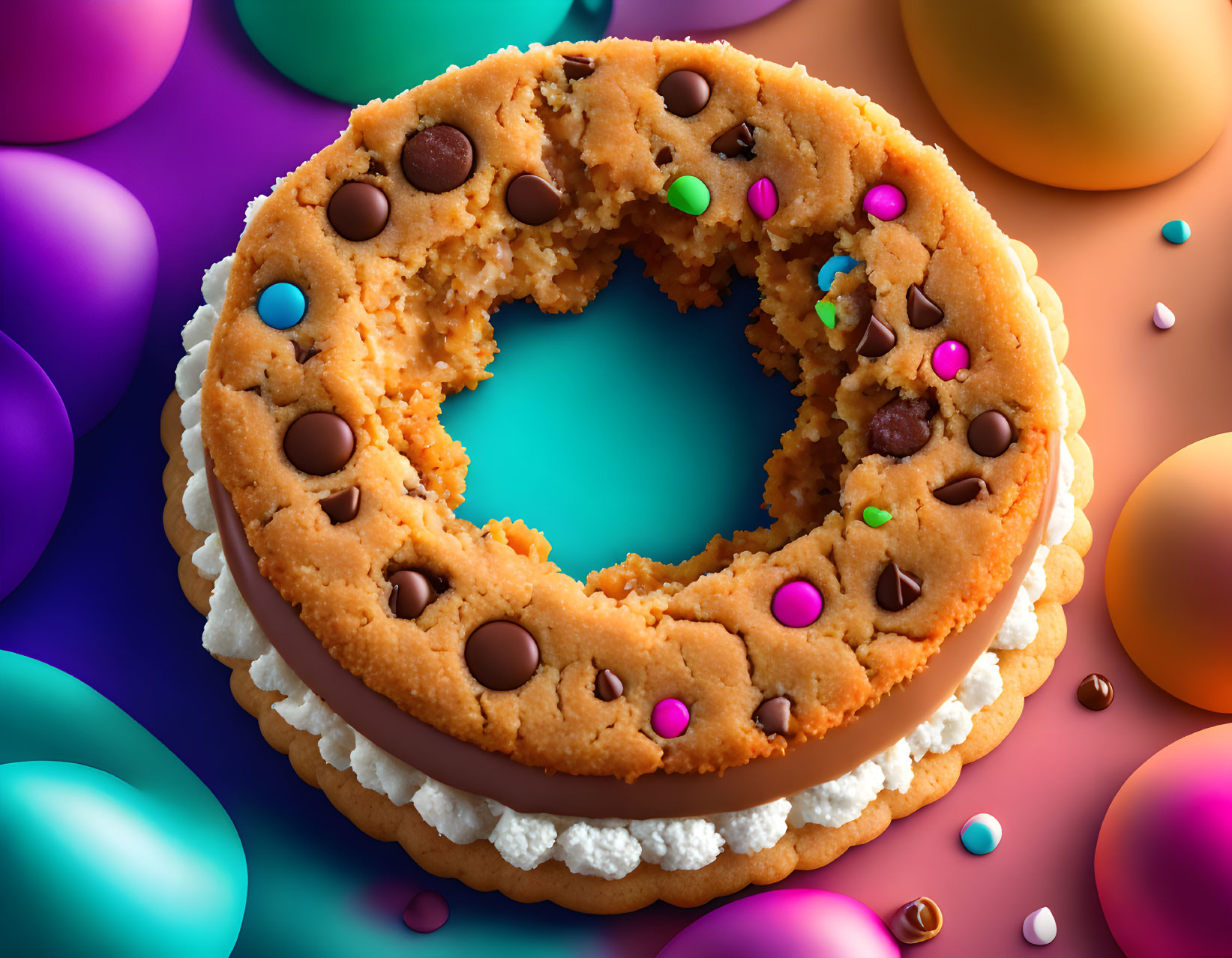 Colorful Cookie Sandwich with Cream and Chocolate Chips Among Easter Eggs