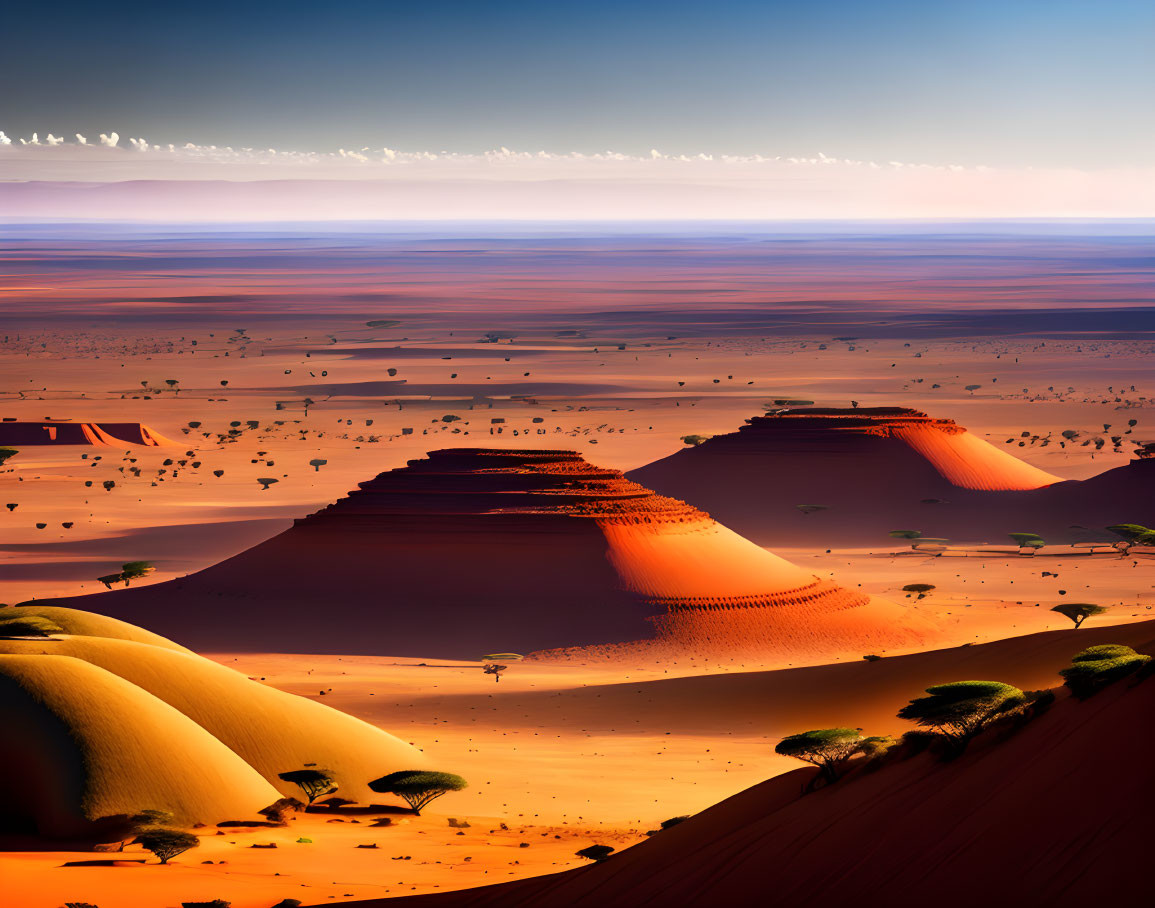 Expansive desert landscape with rolling sand dunes and sparse vegetation under a blue sky