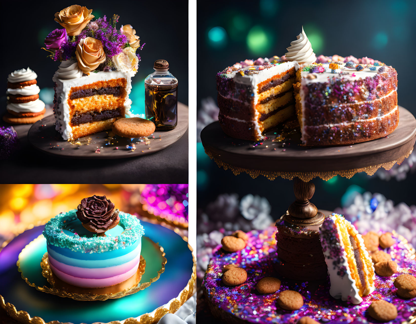 Elegant Decorated Cakes with Vibrant Colors & Floral Accents