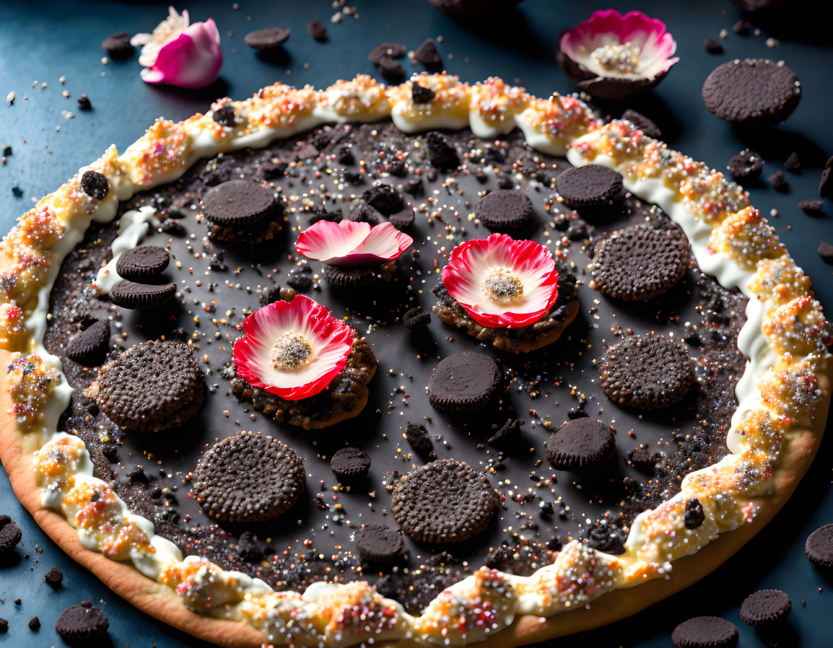 Cream and chocolate cookie dessert pizza with sprinkles and flower petals on blue background