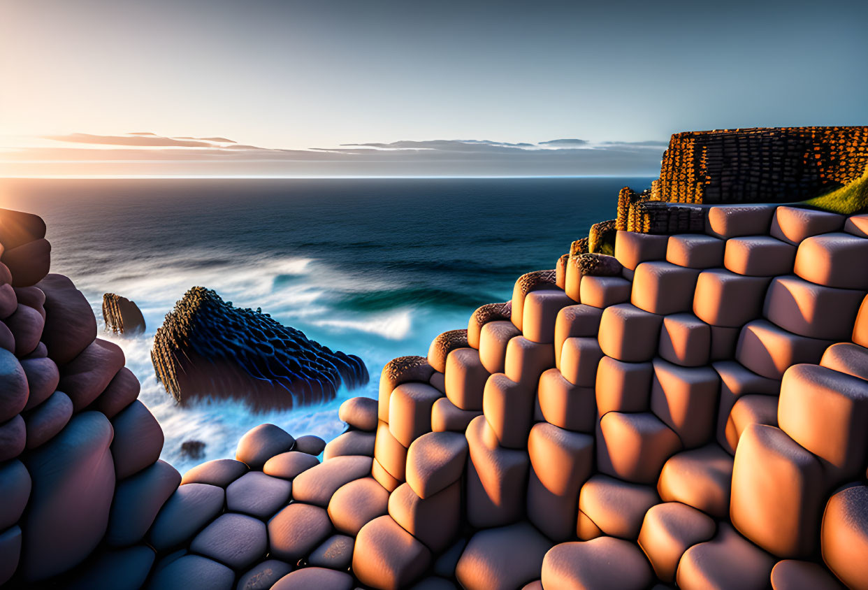 Hexagonal basalt columns at Giant's Causeway in sunset light