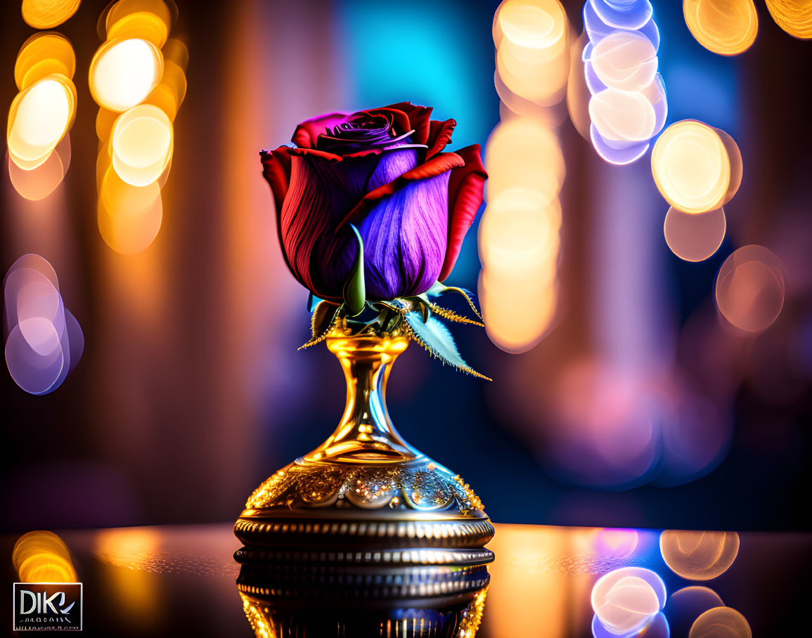 Red and Purple Rose on Golden Pedestal with Bokeh Background