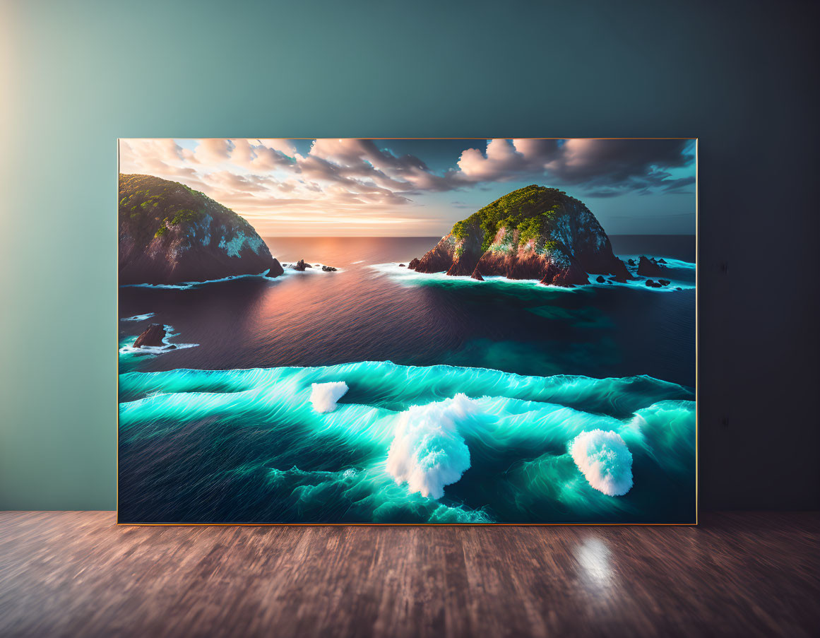 Ocean scene with waves, islands, and dramatic sky on wooden floor display