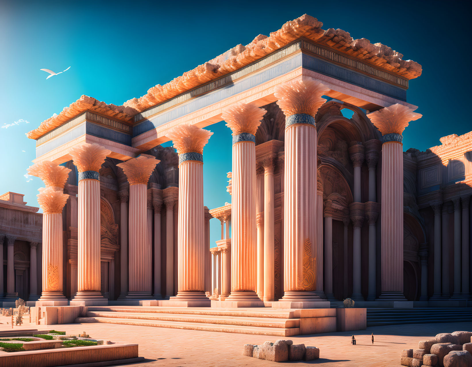 Neoclassical digital art of grand structure under clear blue sky