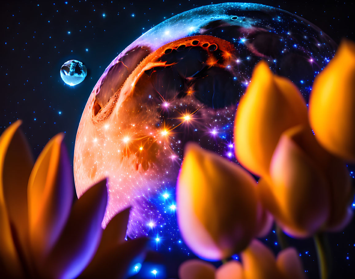 Colorful tulips with cosmic backdrop: moon, planet, stars