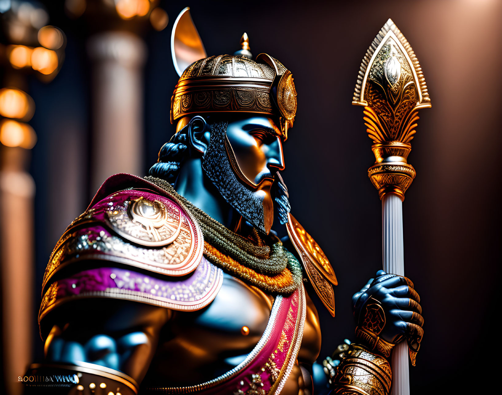 Warrior figurine in ornate armor with helmet and spear, gold and purple hues, against blurred