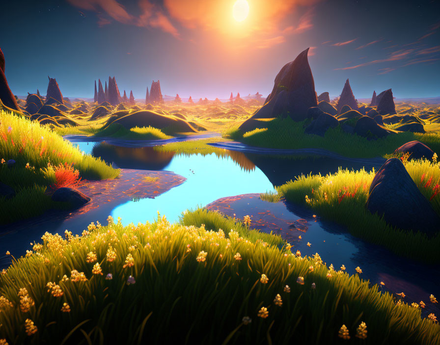 Tranquil sunset landscape with vibrant grass and winding rivers