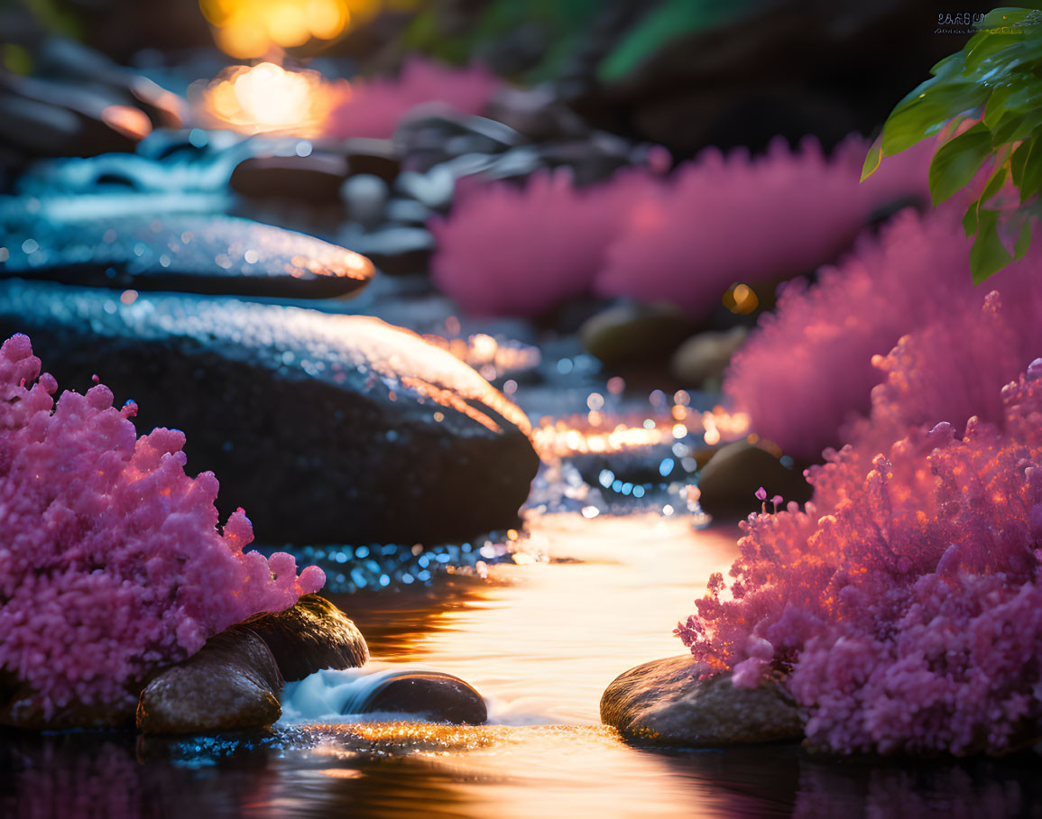 Tranquil stream with smooth river stones and pink aquatic plants