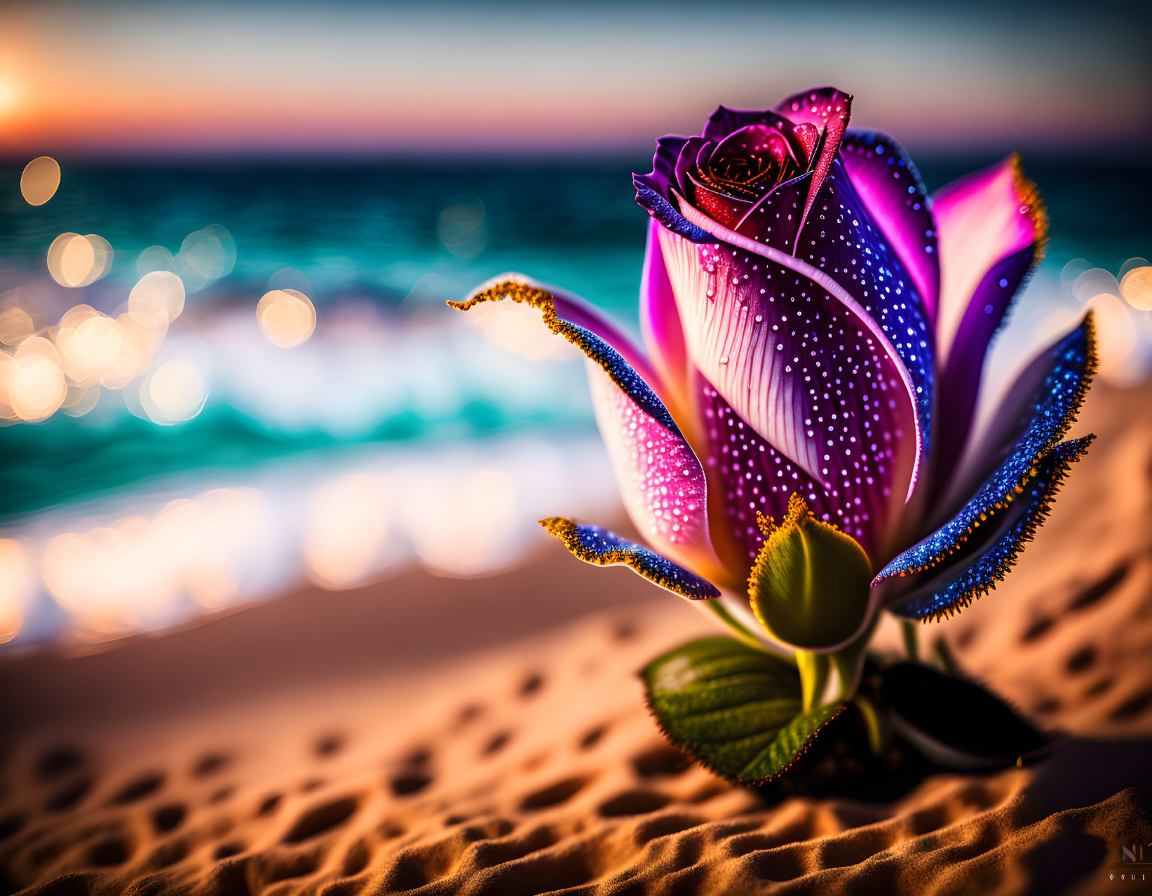 Purple Rose with Dewdrops on Sandy Beach at Sunset