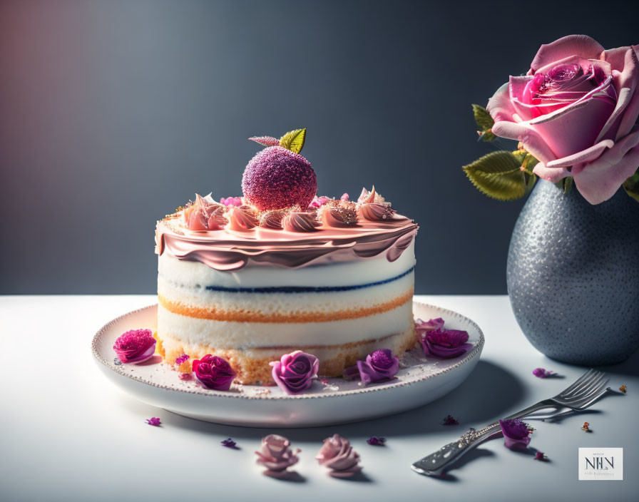 Pink frosted layered cake with roses and macaron on white plate next to grey vase.