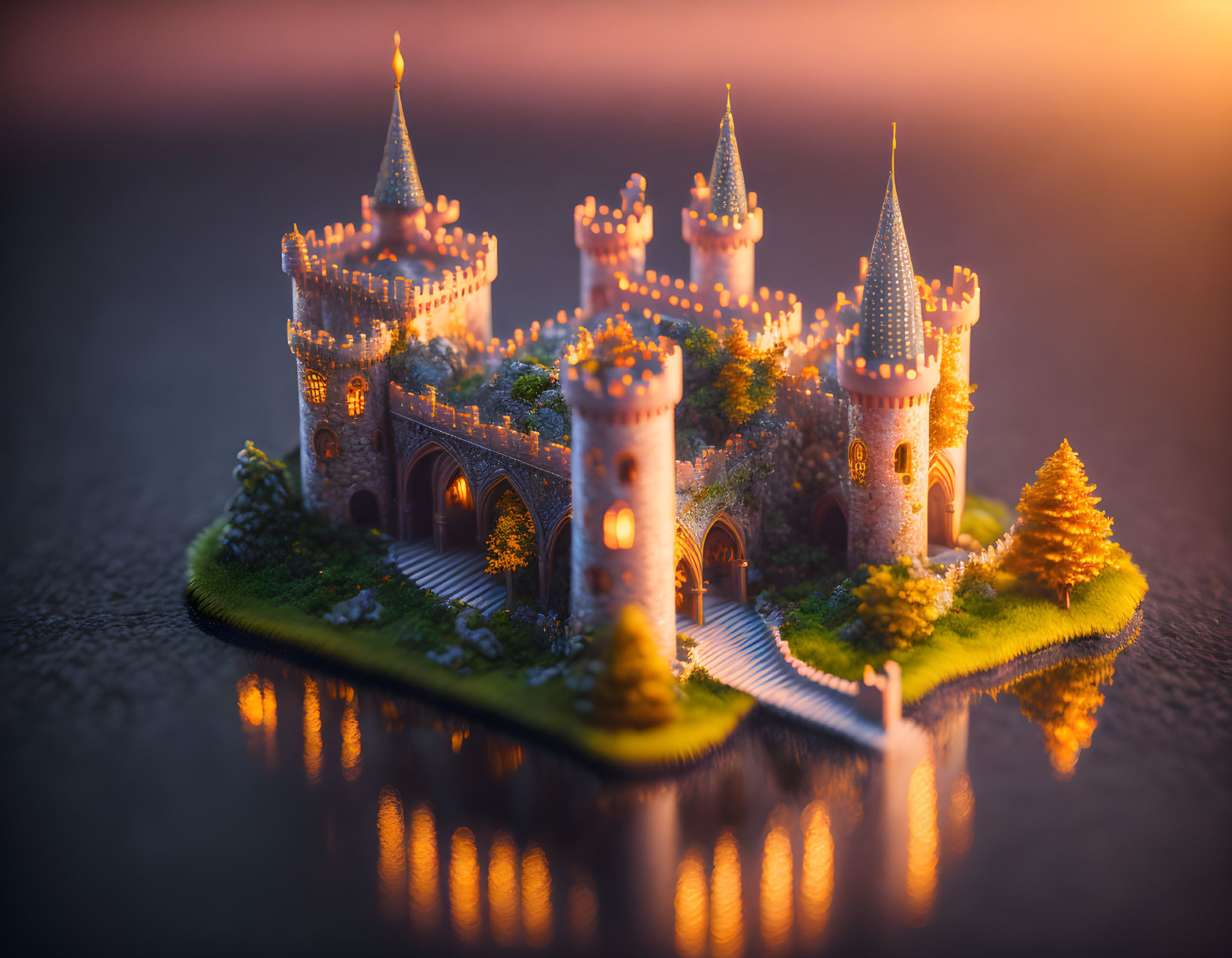 Miniature castle on lush islet in golden hour light