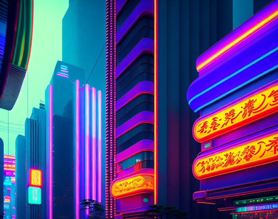 Vibrant pink and blue neon-lit futuristic cityscape with Asian script.