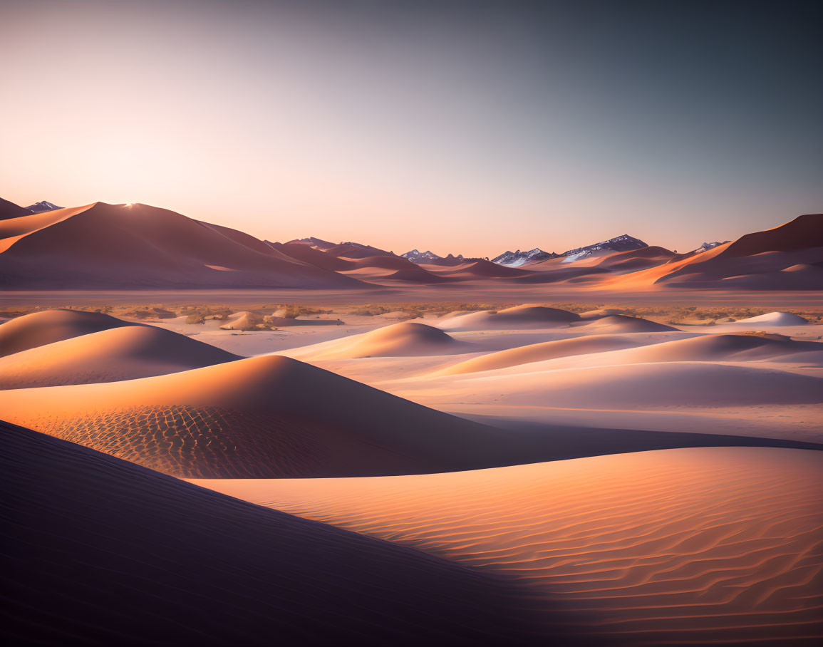 Orange Sand Dunes and Snow-Capped Mountains Landscape