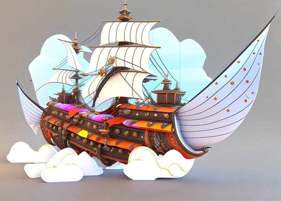 Colorful Fantasy Ship Floating Above Clouds with Elaborate Designs