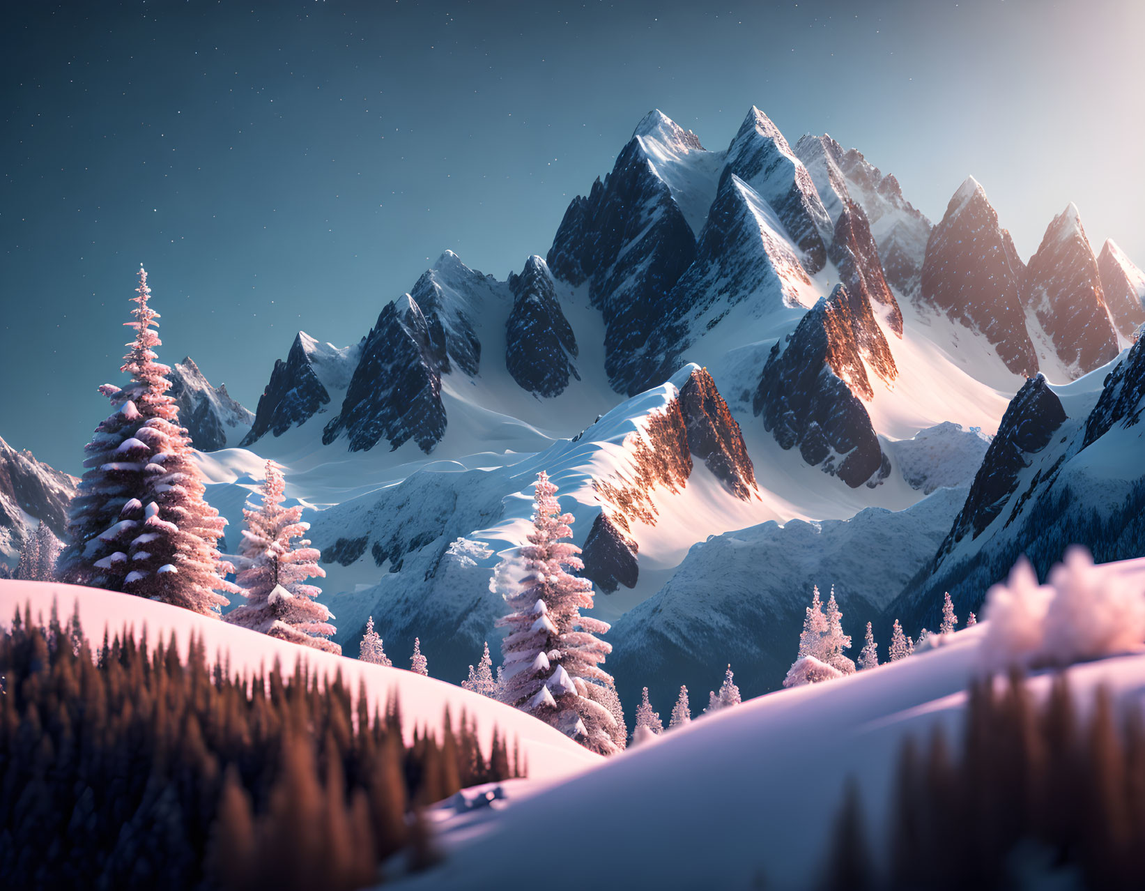 Twilight scene: Snow-covered pine trees, mountains, starry sky