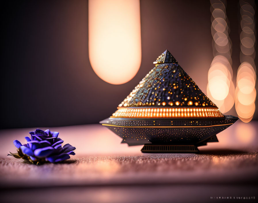 Metallic incense burner with lit bokeh background and purple flower on reflective surface