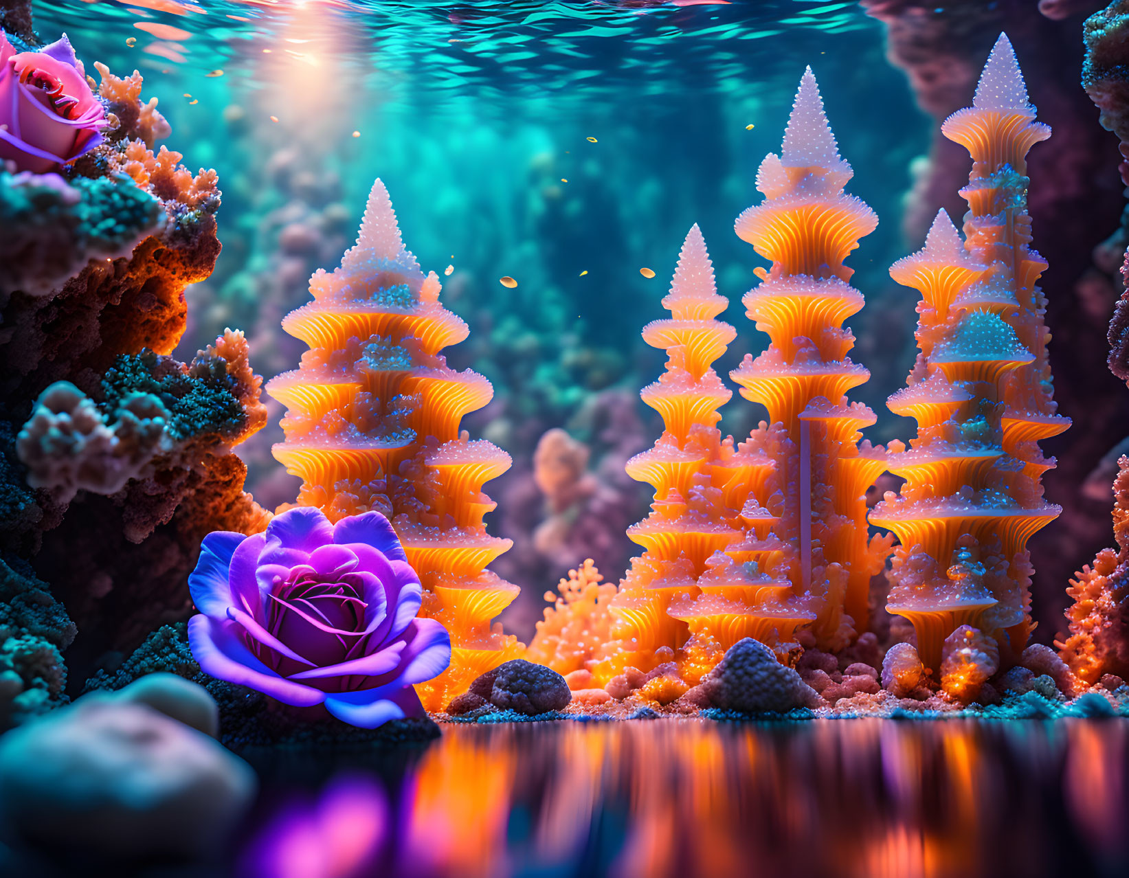 Colorful coral formations in vibrant underwater scene.