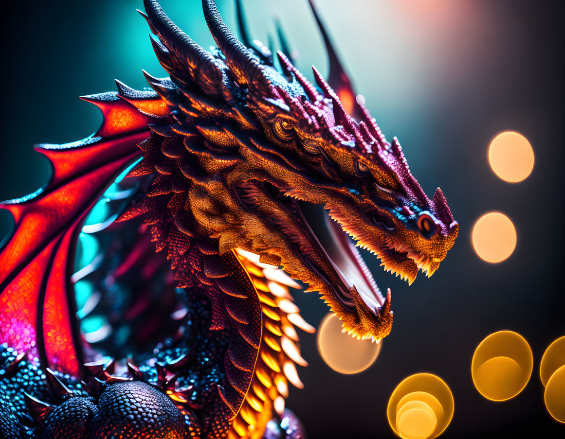 Detailed Dragon Model with Red Wings and Bokeh Lights