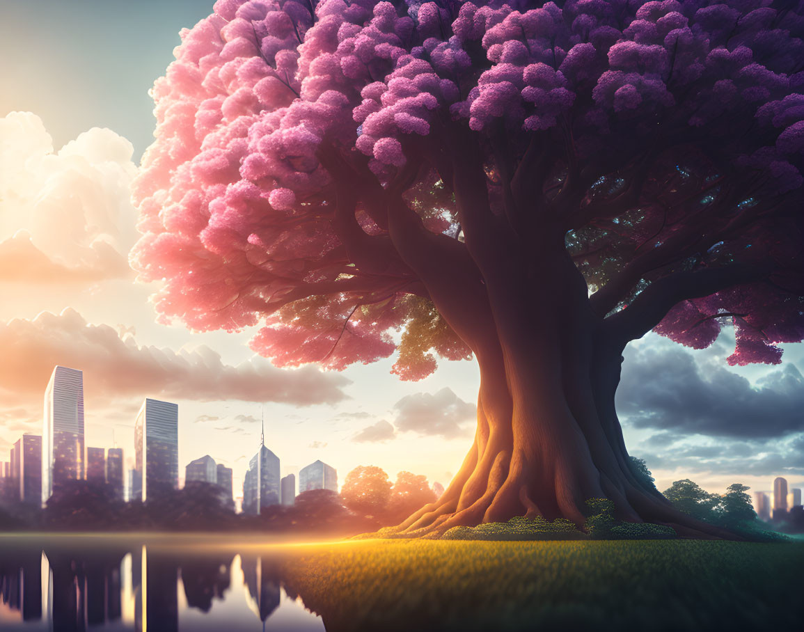 Vibrant purple tree overlooking city skyline and water reflection