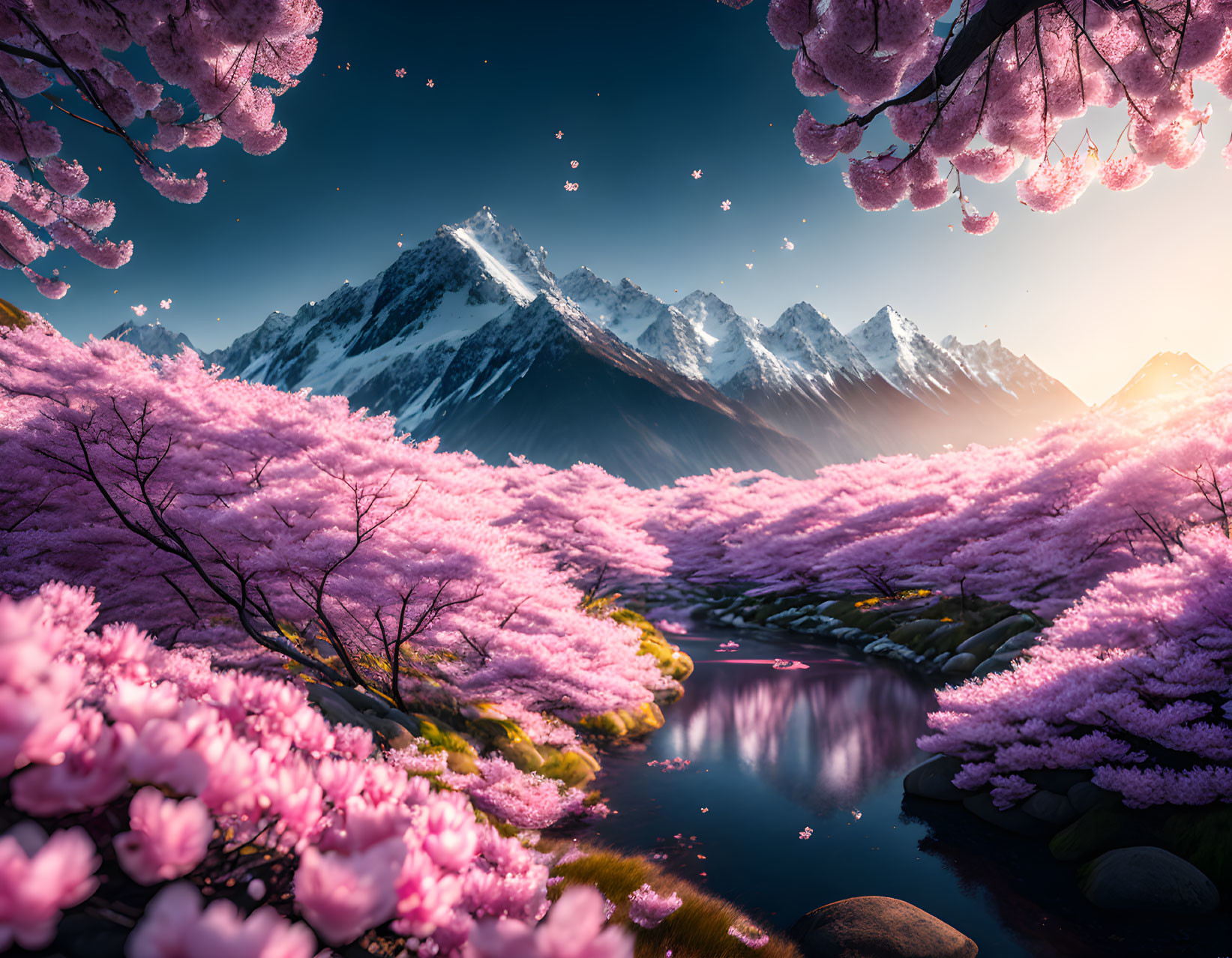 Pink cherry blossoms in serene landscape with mountain range and river.