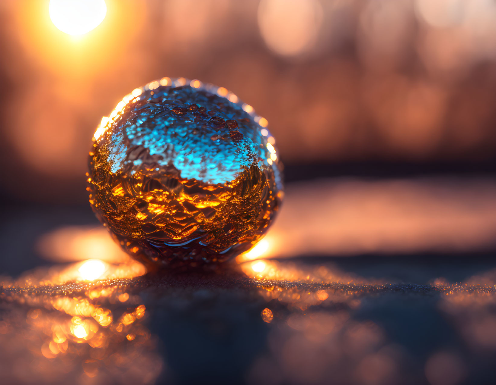 Crystal ball with blue and orange hues on textured surface