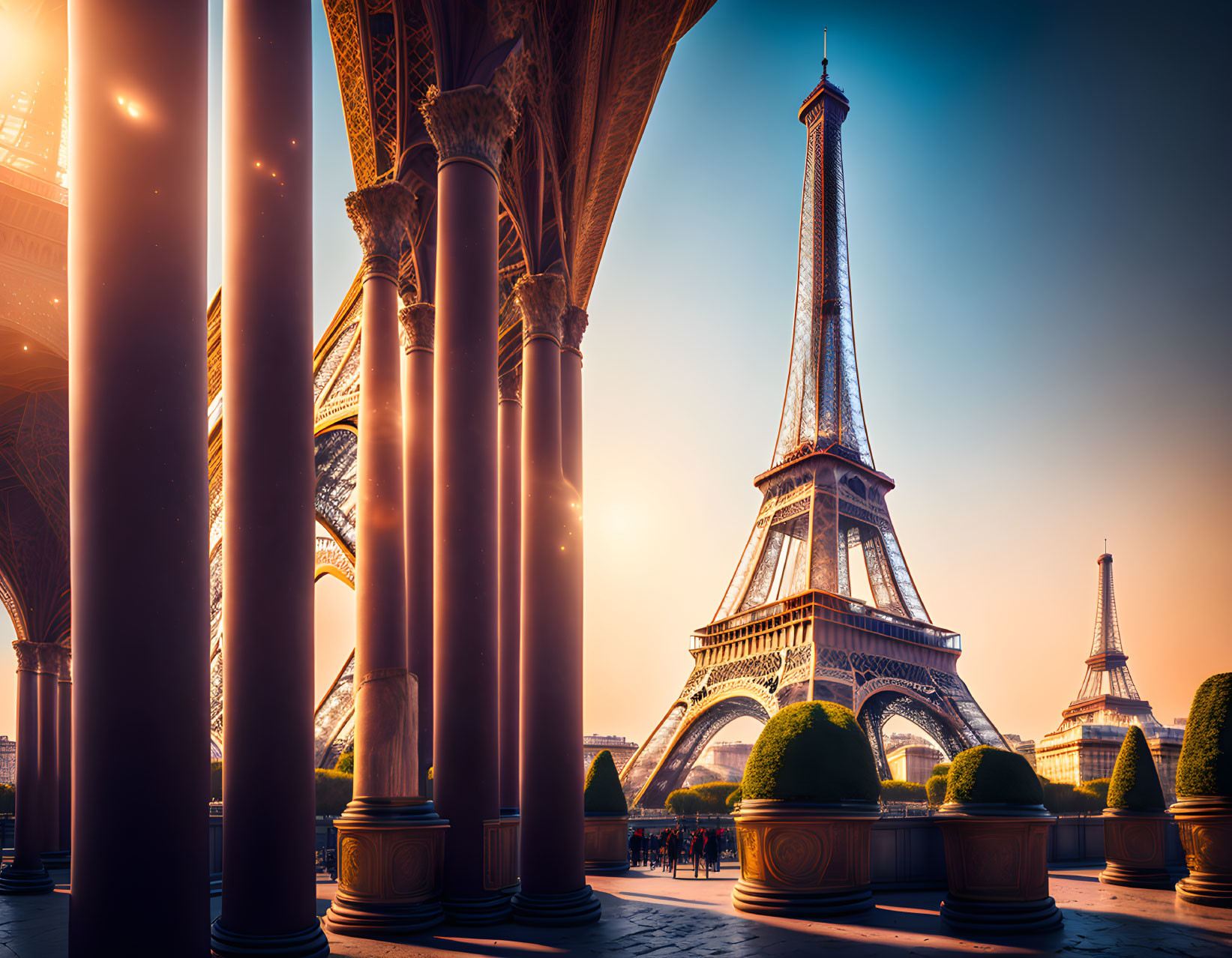 Sunrise illuminating Eiffel Tower through classical arches and green shrubbery