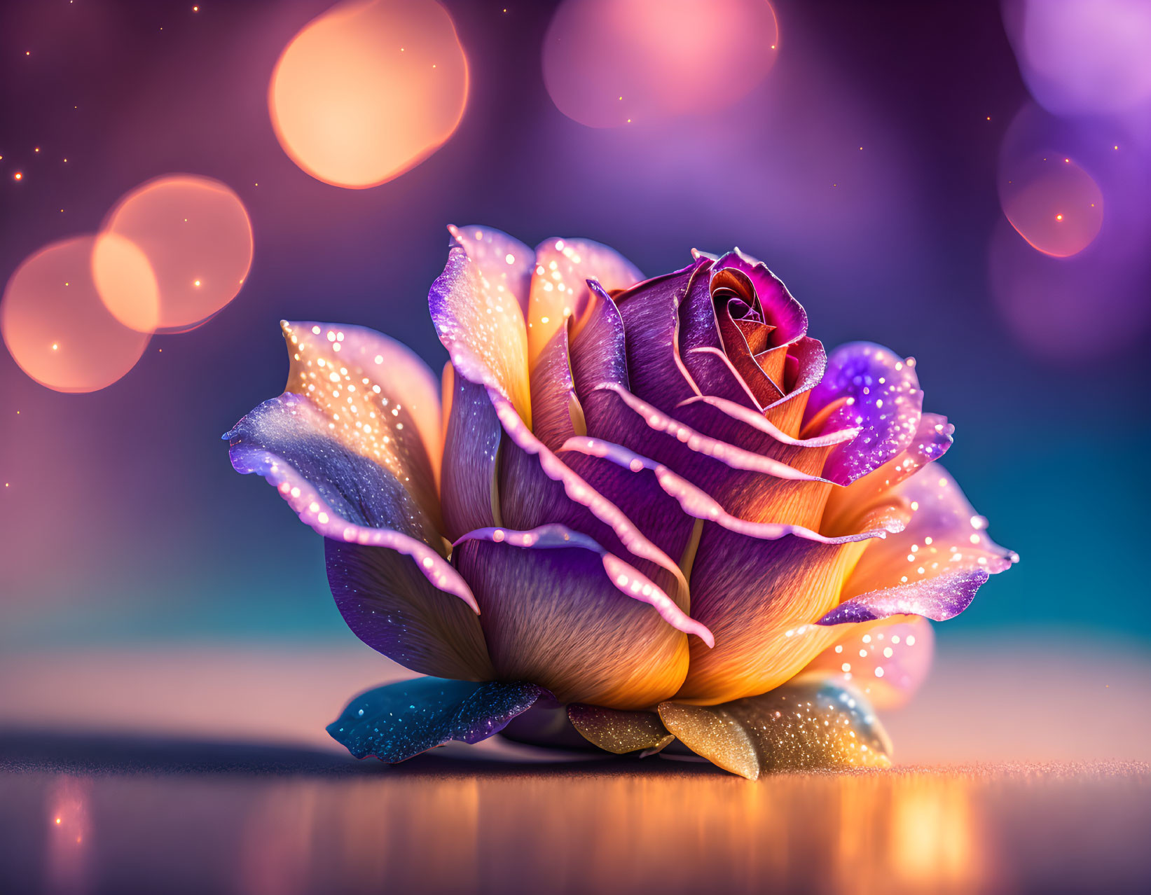 Vibrant purple and pink rose with dew drops on bokeh background