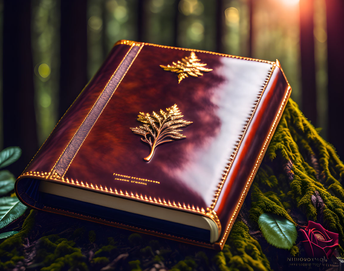 Shiny Red Book with Gold Leaf Design on Green Surface