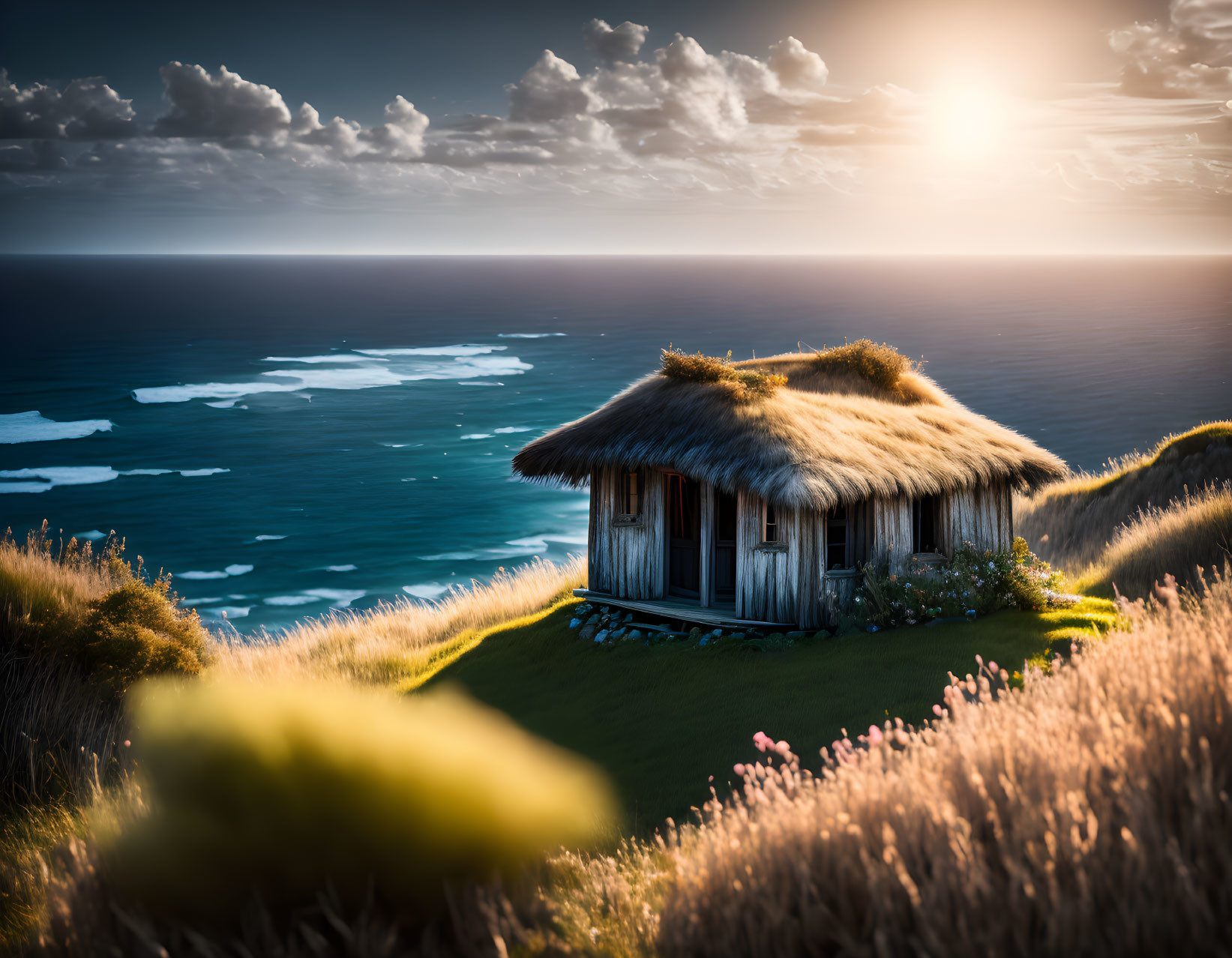 Tranquil seaside sunset with thatched-roof hut on grassy cliff