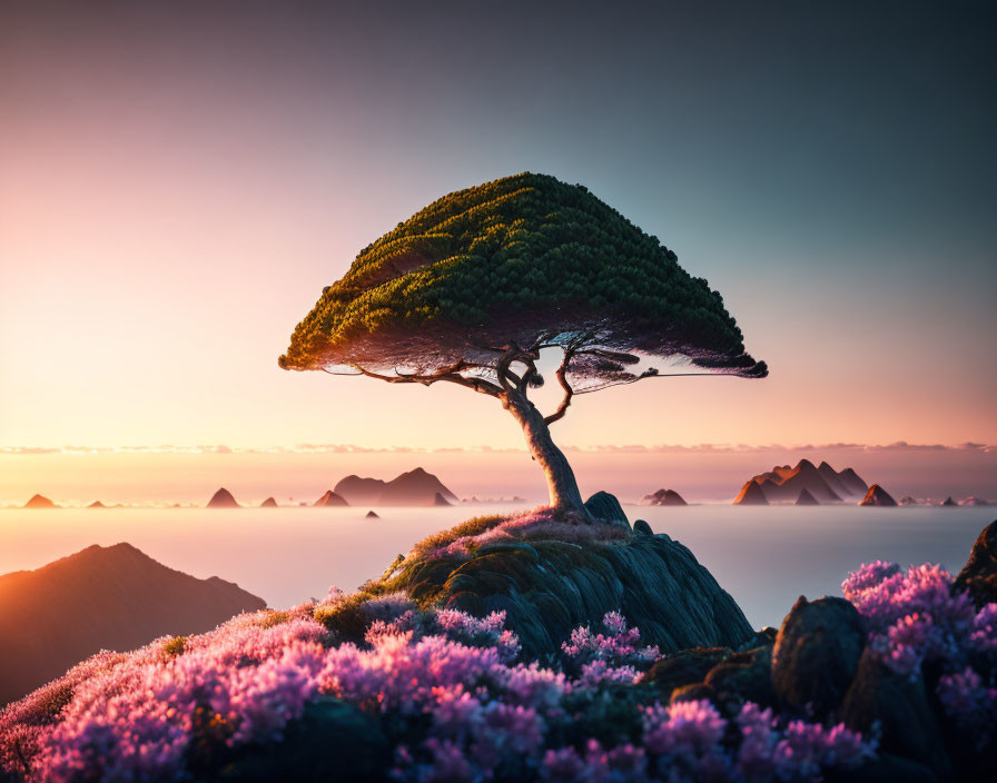 Solitary tree with lush canopy on hill amid purple flowers and sunset mountains.