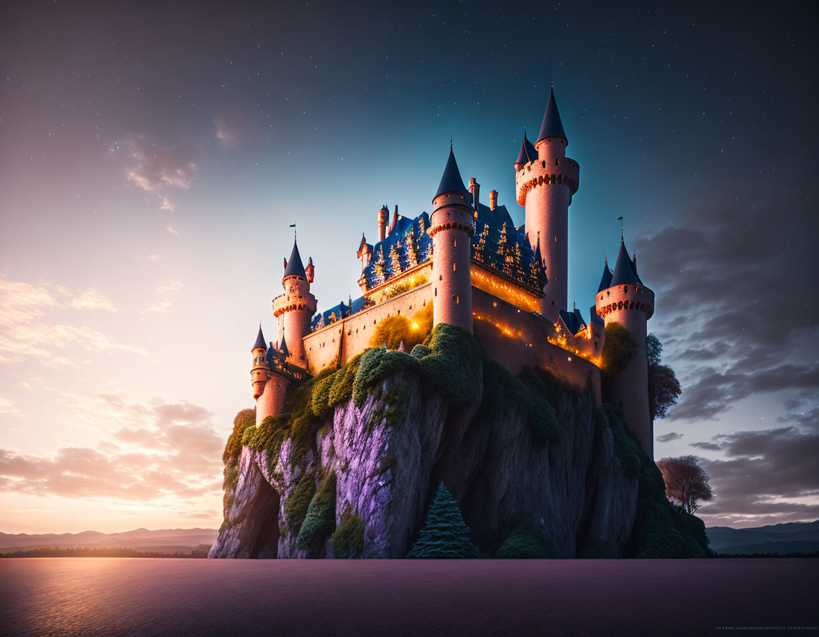 Majestic castle on cliff at twilight with glowing lights against starry sky