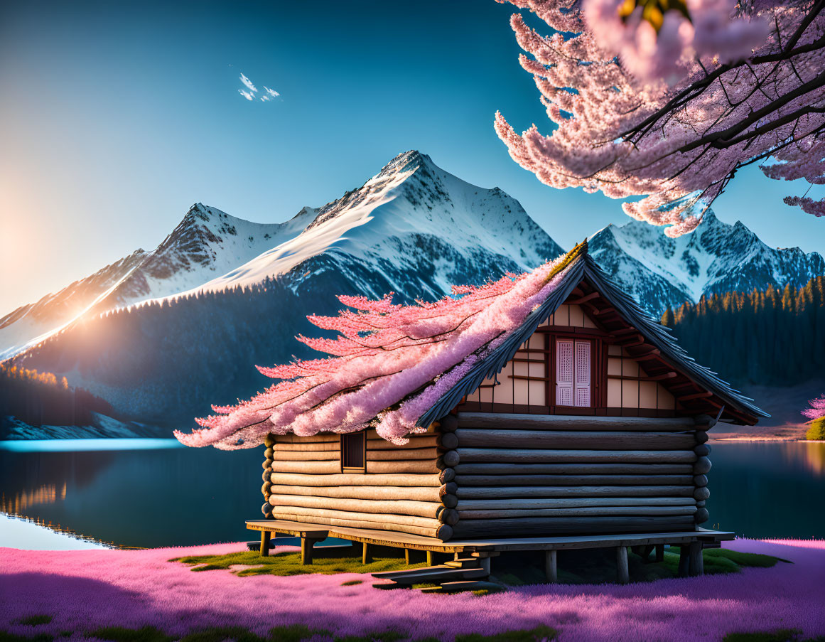 Wooden cabin by lake with mountains, cherry blossoms, pink grass at dawn