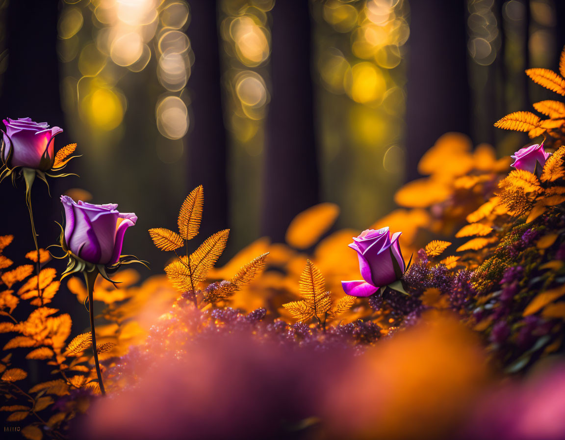 Colorful Purple Roses and Orange Ferns in Forest Bokeh Scene