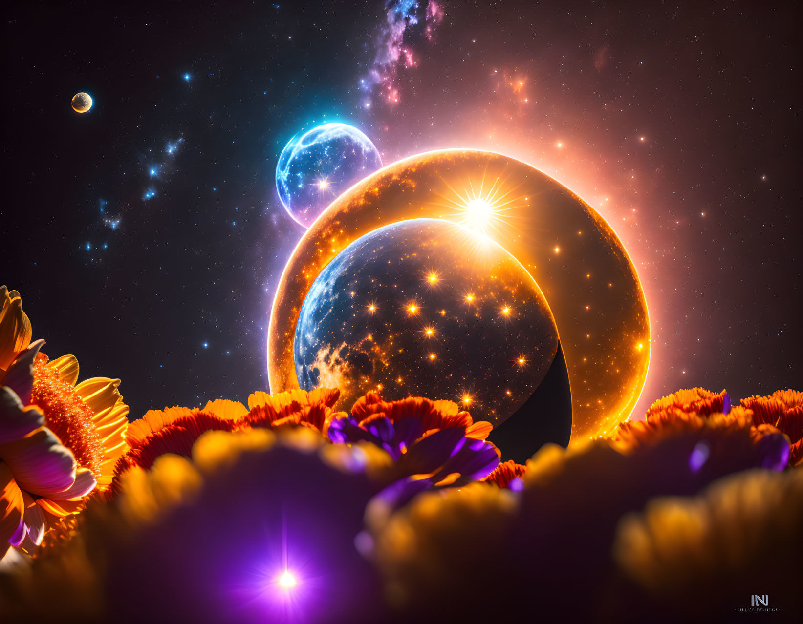 Colorful cosmic scene with planets and stars above orange and yellow flower field